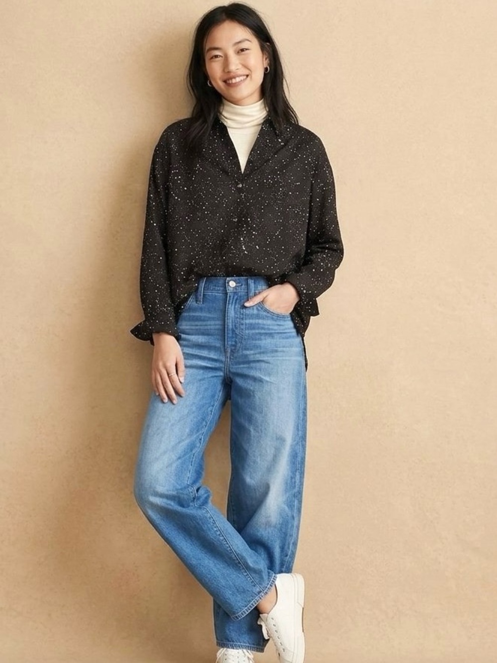 Madewell Oversized Ex-Boyfriend‎ Star Print Shirt Top, Black/White, Size S